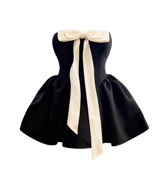 Trendy A-Line Black Evening Mini Skirt Lovely Bow Accent Strapless Short Dress AP4121
