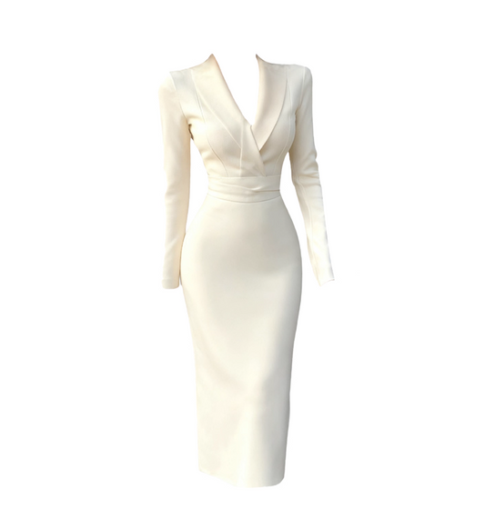 Attractive Sheath V Neck Cinched-Waist Midi Dress Elegant Long Sleeve White Long Dress AP4122