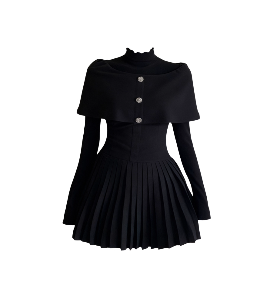 Sexy High Collar 2-Piece Set Long Sleeve Mini Skirt Everyday Wear A-Line Cinched-Waist Black Pleated Short Dress AP4123