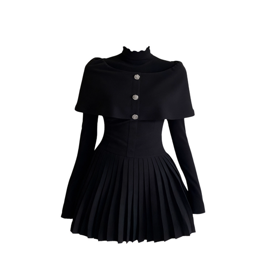 Sexy High Collar 2-Piece Set Long Sleeve Mini Skirt Everyday Wear A-Line Cinched-Waist Black Pleated Short Dress AP4123