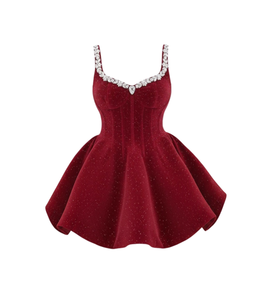 Glittering Beaded Crystals Spaghetti Strap Mini Skirt Charming A-Line Red Cinched-Waist Short Dress AP4125