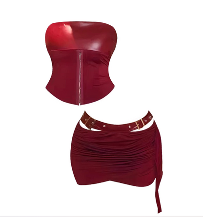 Modern Sheath 2-Piece Set Hot Girls Outfit Mini Skirt Alluring Strapless Cinched-Waist Red Short Dress AP4126