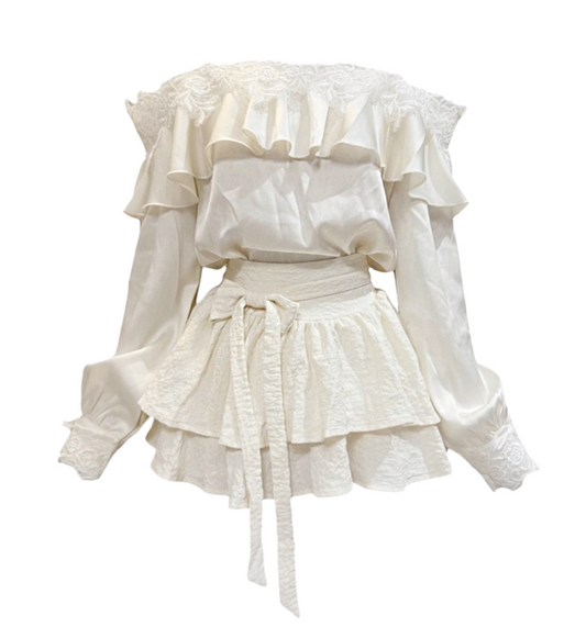 Pretty Long Sleeve A-Line Ruffles Trim Mini Skirt Dreamy Off-Shoulder 2-Piece Set Tiered Short Dress AP4128