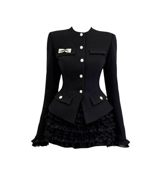 Fancy Black 2-Piece Set Long Sleeve Jewel Neck Mini Skirt French Style Cinched-Waist A-Line Tiered Short Dress AP4130
