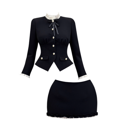 Delicate Long Sleeve Black 2-Piece Set Mini Skirt Vogue Cinched-Waist Sheath Jewel Neck Short Dress AP4131