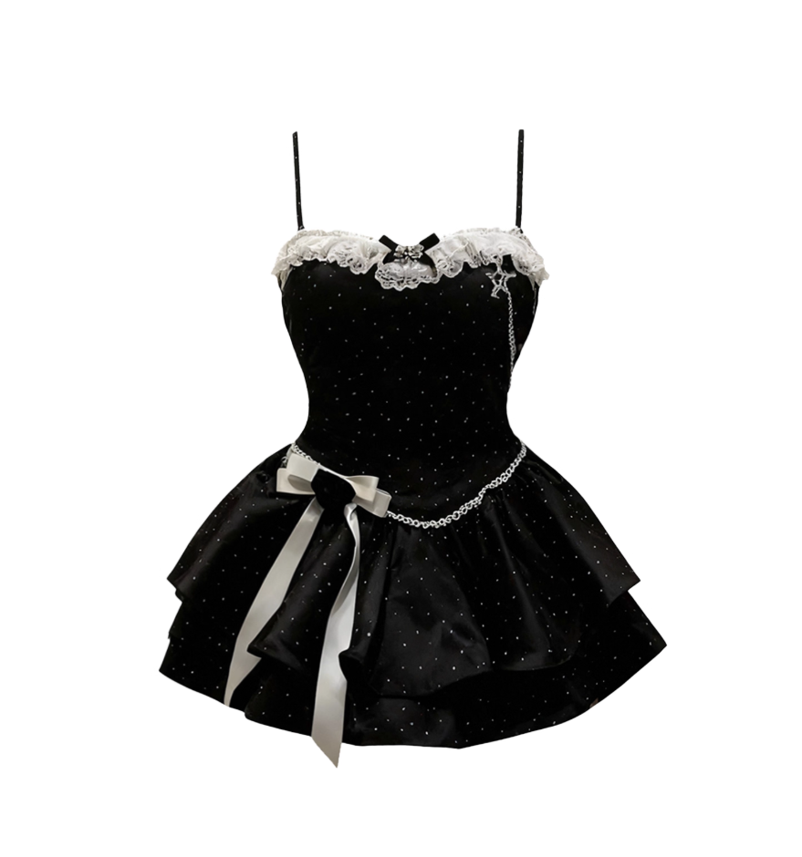 Gen Z Style Spaghetti Strap Polka Dots Mini Skirt Princess A-Line Bow Accent Lace Trim Short Dress AP4133