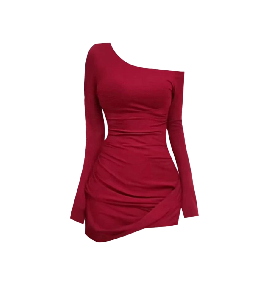 Hottie Long Sleeve Red Mini Skirt Chic Sheath Asymmetric Neck Short Dress AP4134