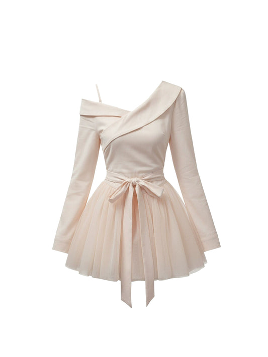 Y2K Style Long Sleeve A-Line Cinched-Waist Mini Skirt Elegant Asymmetric Neck Tulle Hem Short Dress AP4136