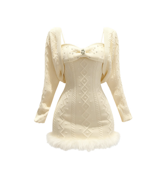 Everyday Wear Long Sleeve 2-Piece Set Knitted Mini Skirt Chic Crystals Accent Sheath Fur Trim Short Dress AP4139