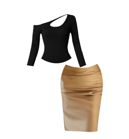 Boho-Inspired Cutout Sheath Asymmetric Neck Midi Dress Vintage Long Sleeve 2-Piece Set Long Dress AP4141