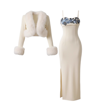 Lovely Sheath 2-Piece Set Side Slit Maxi Dress Graceful Fur Trim Long Sleeve Cardigan Spaghetti Straps Floral Long Dress AP4142