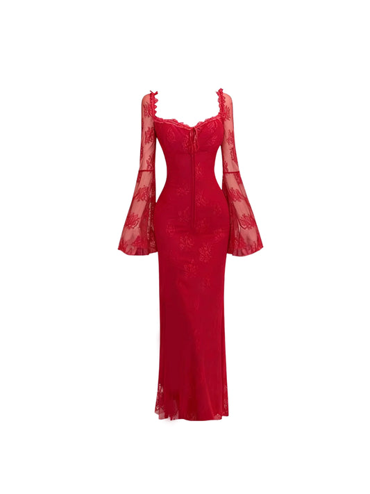 Refined Sheath Splicing Lace Square Neck Maxi Dress Vibrant Bell Long Sleeve Red Long Dress AP4143
