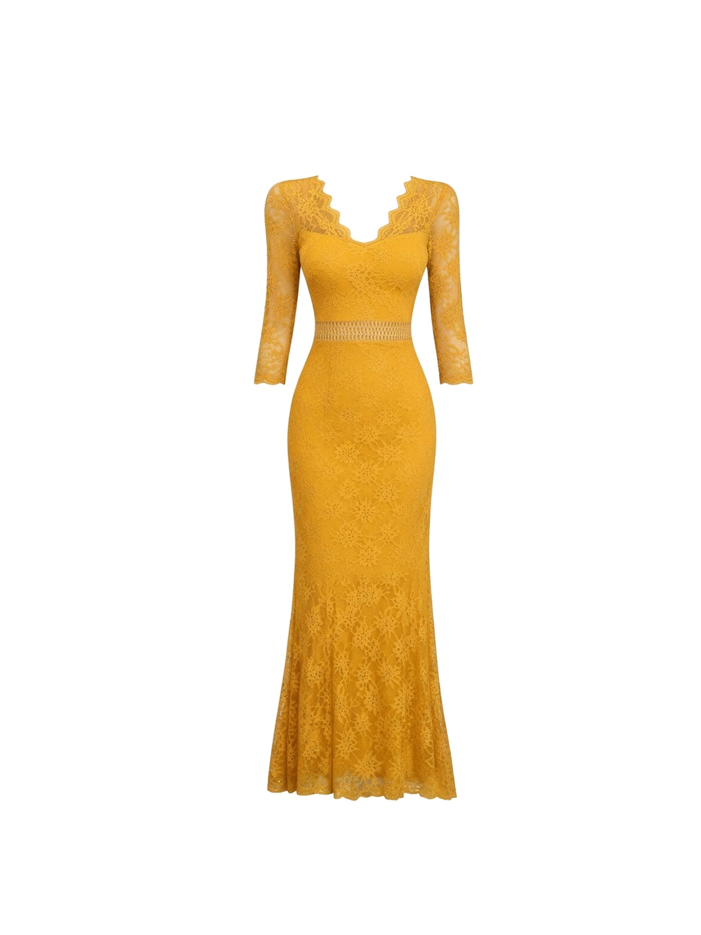 Beautiful Splicing Lace Sheath Maxi Dress Classical Long Sleeve V Neck Yellow Long Dress AP4144