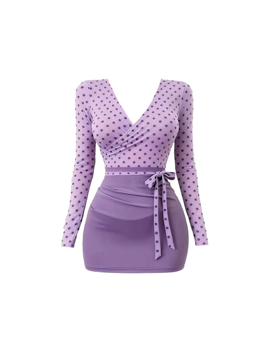 Enchanting Long Sleeve Polka Dots Mini Skirt Charming Bodycon V Neck Purple Short Dress AP4145