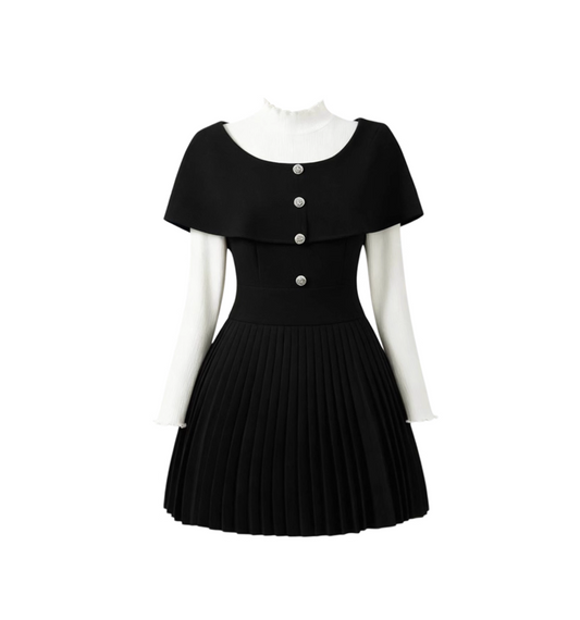 Wonderful A-Line Long Sleeve 2-Piece Set Pleated Mini Skirt Retro Cinched-Waist High Collar Short Dress AP4147