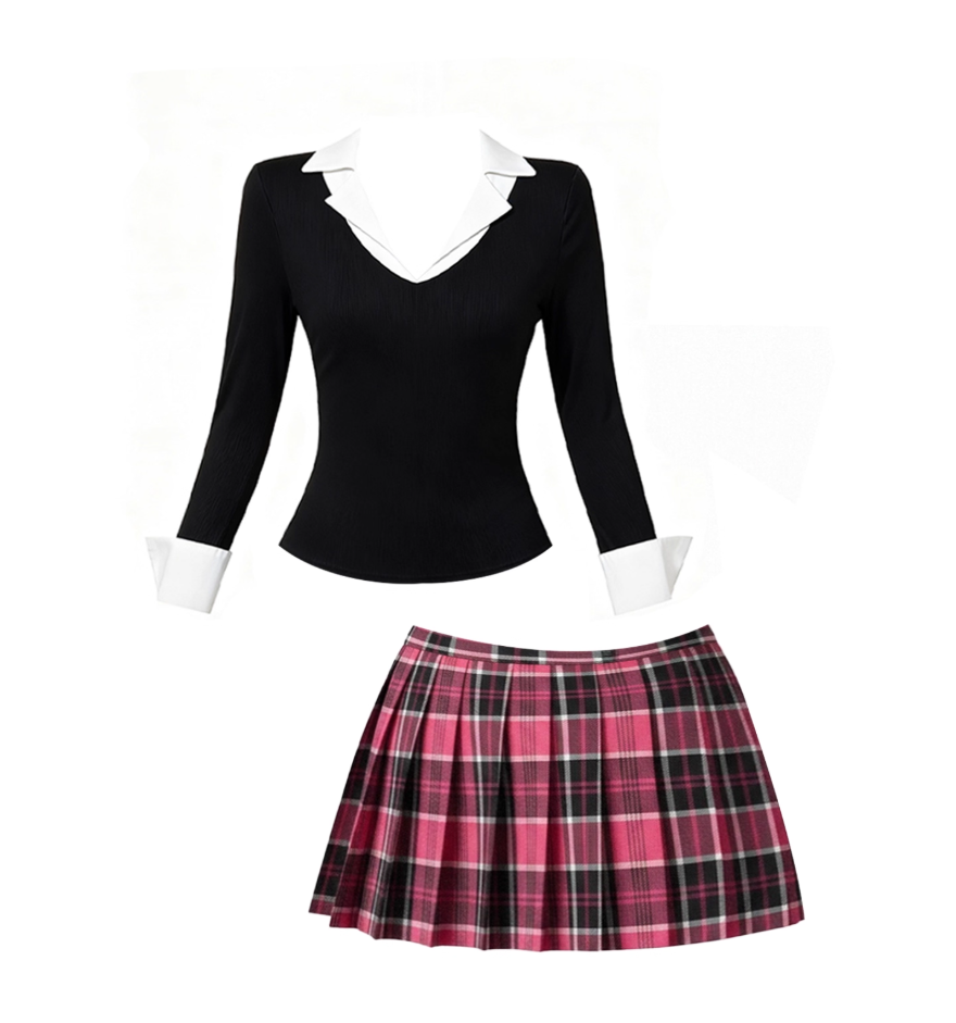 Amazing Long Sleeve 2-Piece Set V Neck Mini Skirt Y2K Style Cinched-Waist Plaid A-Line Short Dress AP4148