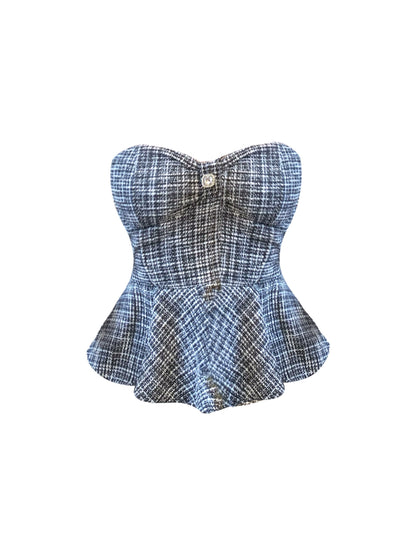 Appealing Tweed Bodice 2-Piece Set A-Line Mini Skirt Sweet Crystal Accent Strapless Tiered Short Dress AP4149