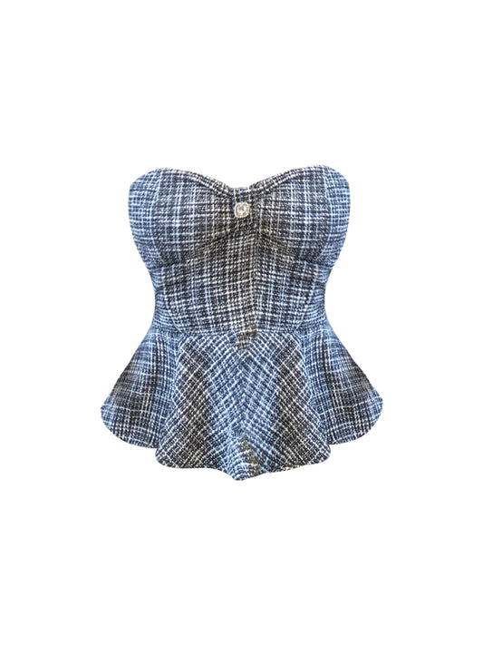 Appealing Tweed Bodice 2-Piece Set A-Line Mini Skirt Sweet Crystal Accent Strapless Tiered Short Dress AP4149