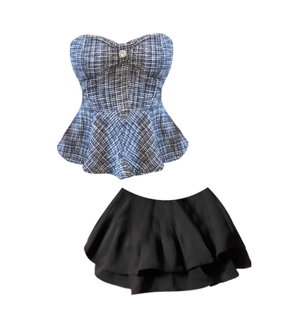 Appealing Tweed Bodice 2-Piece Set A-Line Mini Skirt Sweet Crystal Accent Strapless Tiered Short Dress AP4149