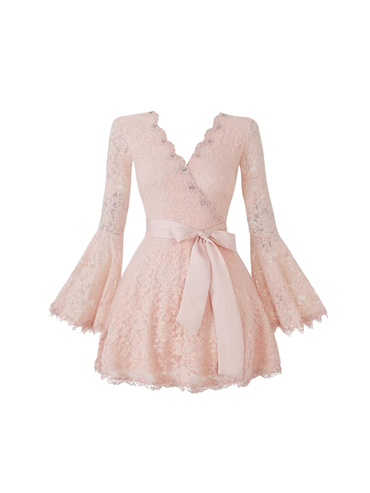 Fascinating Long Sleeve Rhinestones Design Mini Skirt Chic V Neck Lace Splicing A-Line Short Dress AP4150