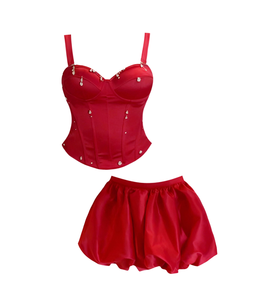 Enticing Spaghetti Strap Red 2-Piece Set Mini Skirt Vibrant Crystals Accent Bodice A-Line Short Dress AP4152