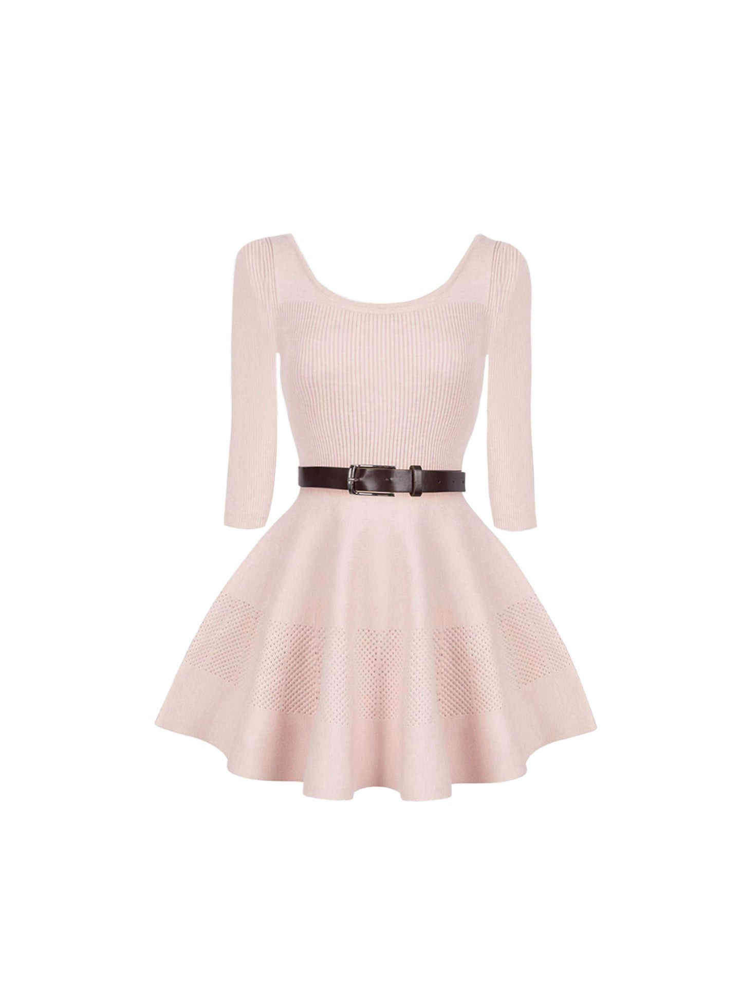 Romantic Long Sleeve Ribbed Mini Skirt Fancy Jewel Neck A-Line Knitted Short Dress AP4153