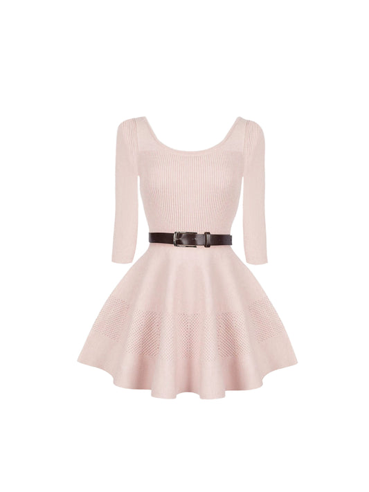 Romantic Long Sleeve Ribbed Mini Skirt Fancy Jewel Neck A-Line Knitted Short Dress AP4153