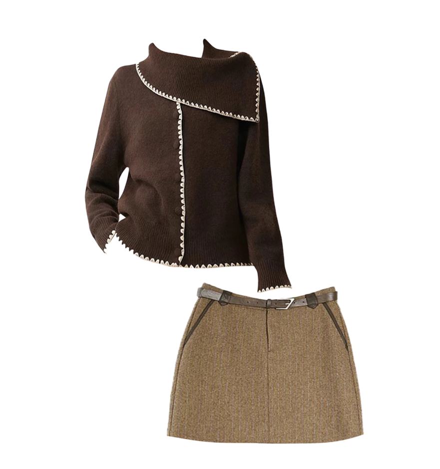 Ornate Asymmetric Neck 2-Piece Set Mini Skirt Vintage Ribbed Long Sleeve Sweater Bodycon Short Dress AP4154