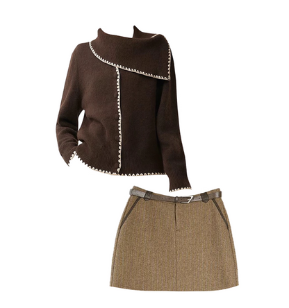 Ornate Asymmetric Neck 2-Piece Set Mini Skirt Vintage Ribbed Long Sleeve Sweater Bodycon Short Dress AP4154