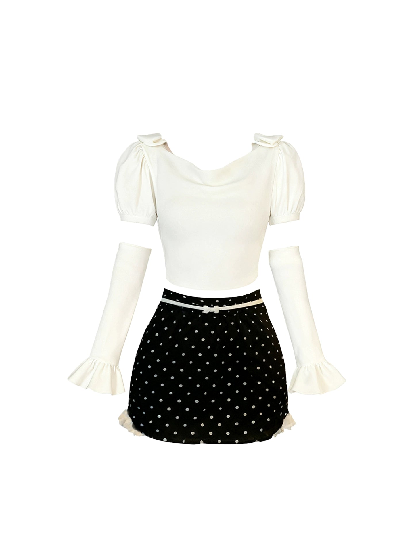 Fabulous Cowl Neck 3-Piece Set Polka Dots Mini Skirt Glam Bows Accent Long Sleeve Bodycon Short Dress AP4155