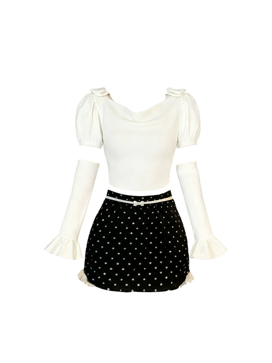 Fabulous Cowl Neck 3-Piece Set Polka Dots Mini Skirt Glam Bows Accent Long Sleeve Bodycon Short Dress AP4155