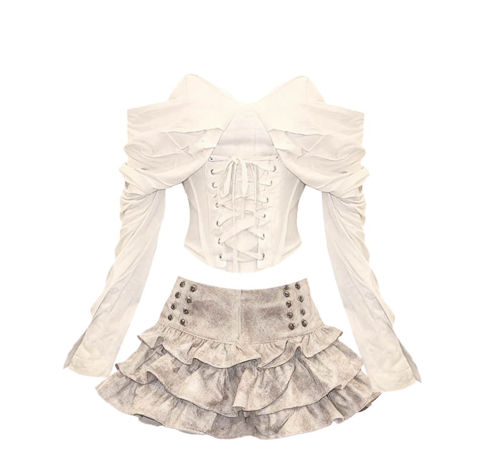 Chic 2-Piece Set Off-Shoulder Mini Skirt Hottie Outfit Long Sleeve Rivet A-Line Tiered Short Dress AP4156