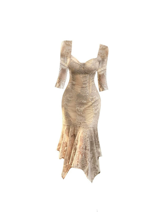 Luxurious Lace Trim Square Neck Midi Skirt Novelty Long Sleeve Bodycon Mermaid Hem Short Dress AP4157