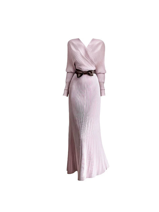 Luxury Sheath V Neck Ribbed Maxi Dress Classical Long Sleeve Bow Design Long Dress AP4158