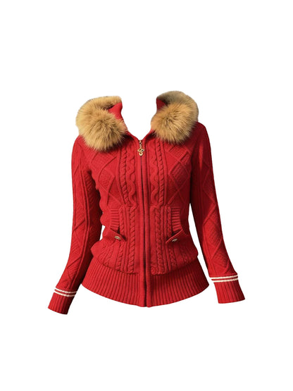 Elegant 2-Piece Set Fur Trim Hooded Collar Sweater Plaid Mini Skirt Long Sleeve Pressed Pleat A-Line Short Dress AP4160