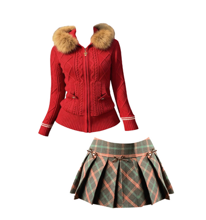 Elegant 2-Piece Set Fur Trim Hooded Collar Sweater Plaid Mini Skirt Long Sleeve Pressed Pleat A-Line Short Dress AP4160