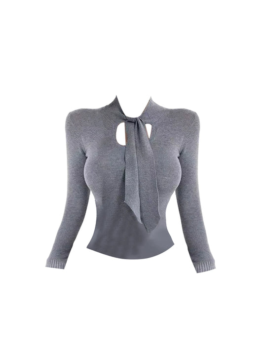 Classical Jewel Neck 2-Piece Set Grey Mini Skirt Alluring Long Sleeve Bodycon Ribbed Short Dress AP4161
