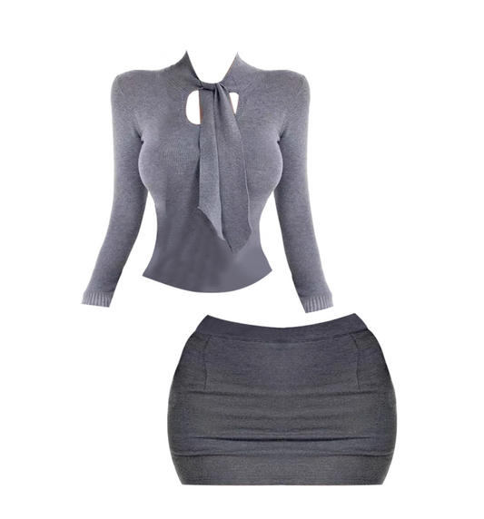 Classical Jewel Neck 2-Piece Set Grey Mini Skirt Alluring Long Sleeve Bodycon Ribbed Short Dress AP4161
