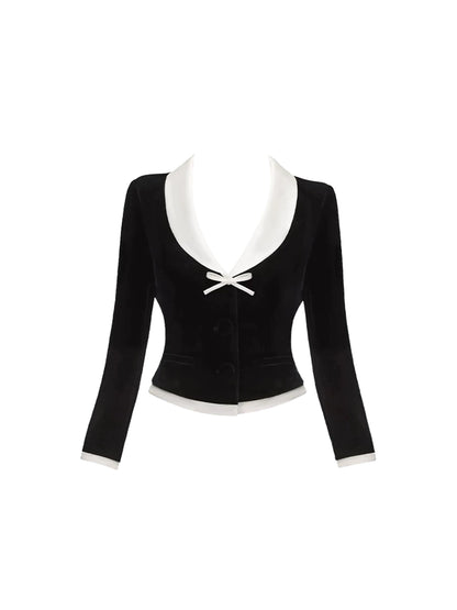 Fantastic V Neck 2-Piece Set Color-Block Mini Skirt Sweet Long Sleeve Sheath Bow Accent Short Dress AP4162