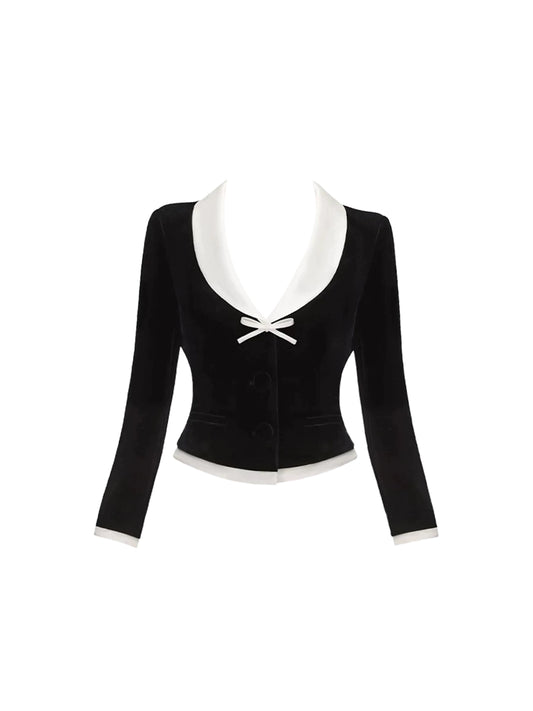 Fantastic V Neck 2-Piece Set Color-Block Mini Skirt Sweet Long Sleeve Sheath Bow Accent Short Dress AP4162