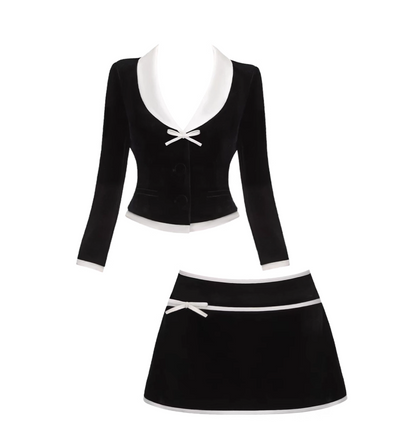 Fantastic V Neck 2-Piece Set Color-Block Mini Skirt Sweet Long Sleeve Sheath Bow Accent Short Dress AP4162