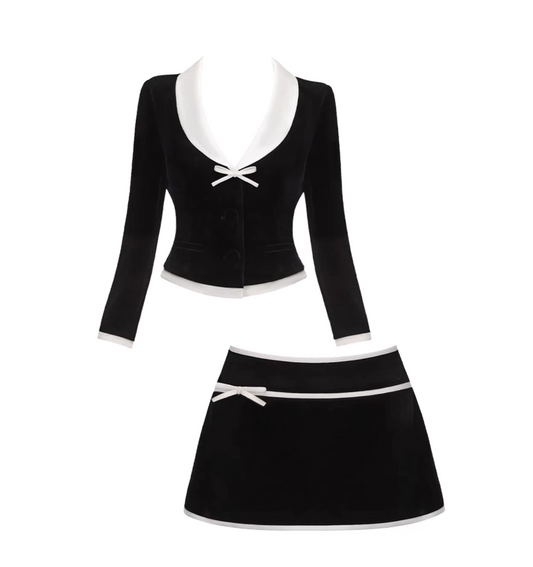 Fantastic V Neck 2-Piece Set Color-Block Mini Skirt Sweet Long Sleeve Sheath Bow Accent Short Dress AP4162