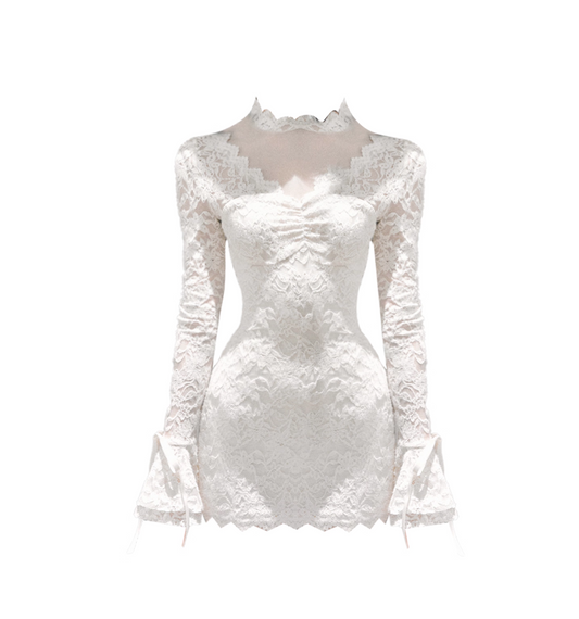 Sweet Long Sleeve Splicing Lace White Mini Skirt Graceful Tulle Trim Bodycon Jewel Neck Short Dress AP4163