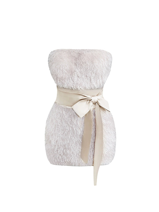 Vintage Cinched-Waist Sheath Mini Skirt Sweet Bow Accent Strapless Fur Trim Short Dress AP4165