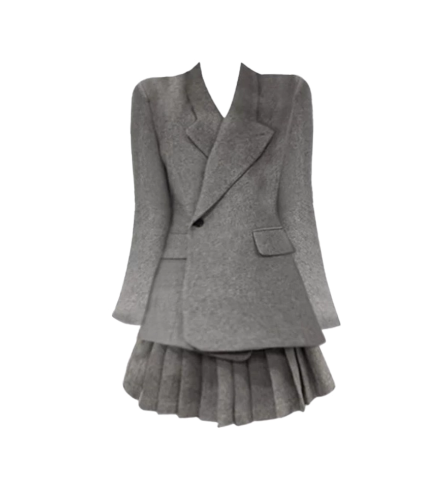 Artistic 2-Piece Set Gray Coat & Pleated Mini Skirt Chic Long Sleeve V-Neck A-Line Short Dress AP4166
