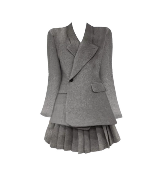 Artistic 2-Piece Set Gray Coat & Pleated Mini Skirt Chic Long Sleeve V-Neck A-Line Short Dress AP4166
