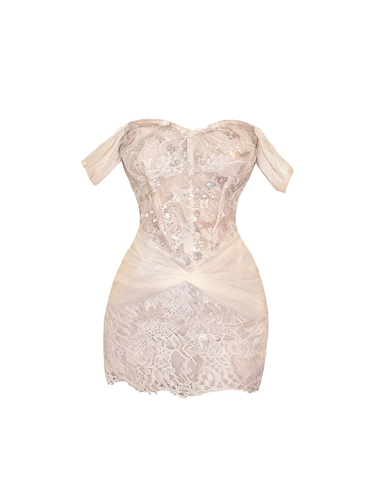 Ethereal Sequins Accent Sheath Mini Skirt Vogue Off-Shoulder Lace Tulle Splicing Short Dress AP4168