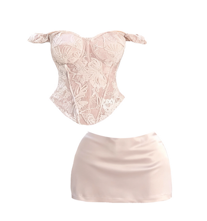 Sheen Lace Splicing Sheath Cinched-Waist Mini Skirt Alluring Off-Shoulder 2-Piece Set Short Dress AP4169