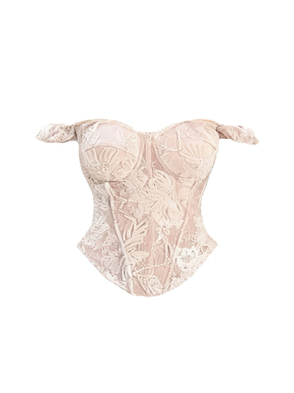 Sheen Lace Splicing Sheath Cinched-Waist Mini Skirt Alluring Off-Shoulder 2-Piece Set Short Dress AP4169