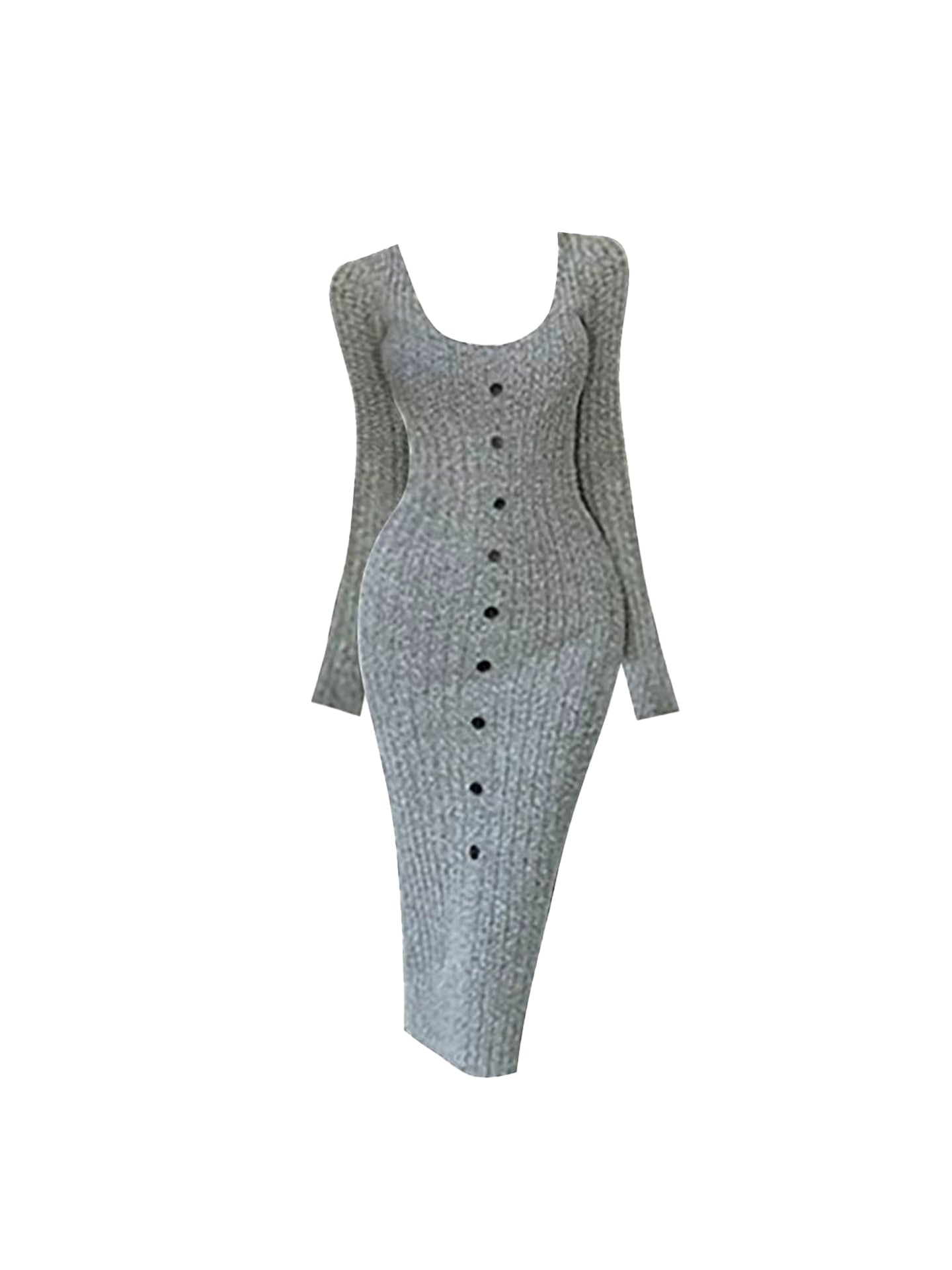 Alluring Square Neck Sheath Grey Midi Dress Vogue Long Sleeve Buttons Accent Knitted Long Dress AP4170